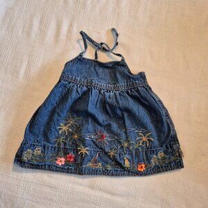 Gymboree girls size 3-6 months jean dress with hawaiian theme embroidery, VGUC
